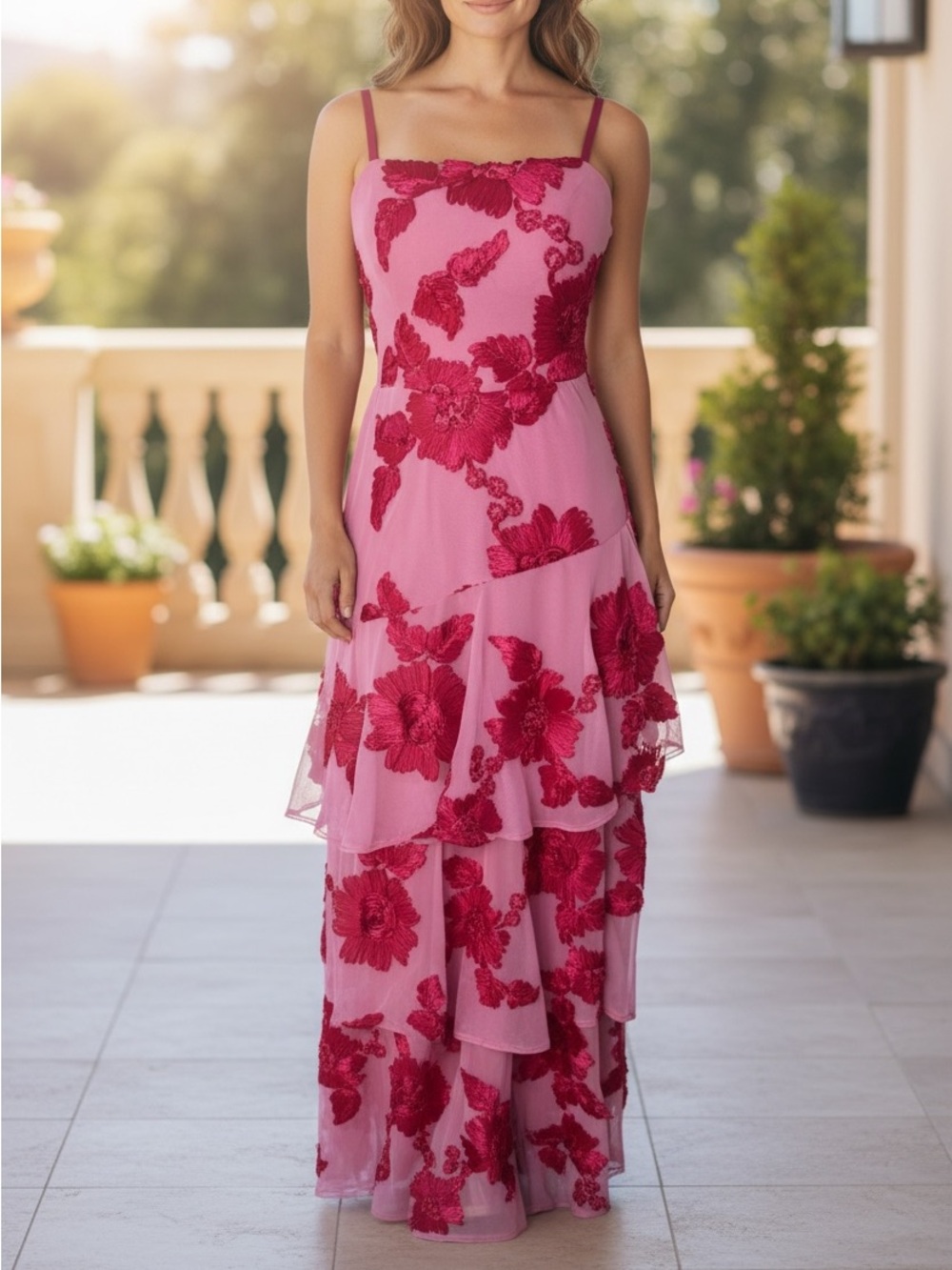 Women's Pink Floral Tiered Maxi Dress